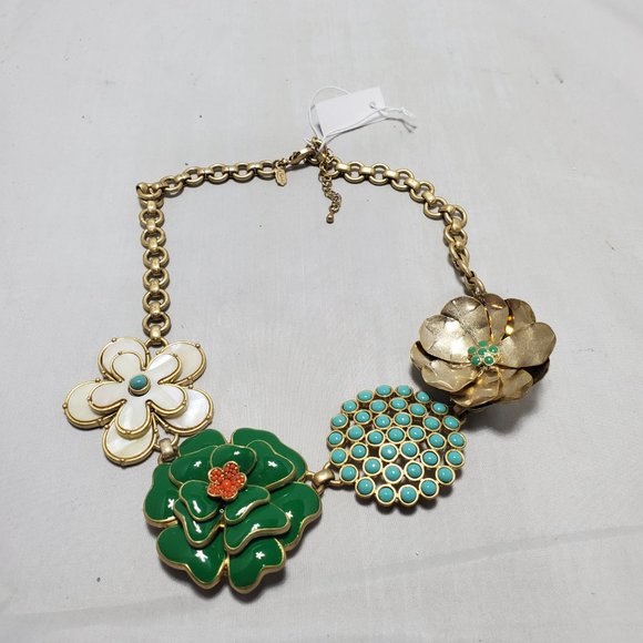 Stella & Dot gold chain necklace with green & ivory enamel and aqua ston… - Picture 3 of 7